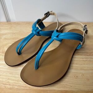 Schutz Sandals Flat Leather Teal Blue Ivory Braided Womens Size EUR 40 US 9